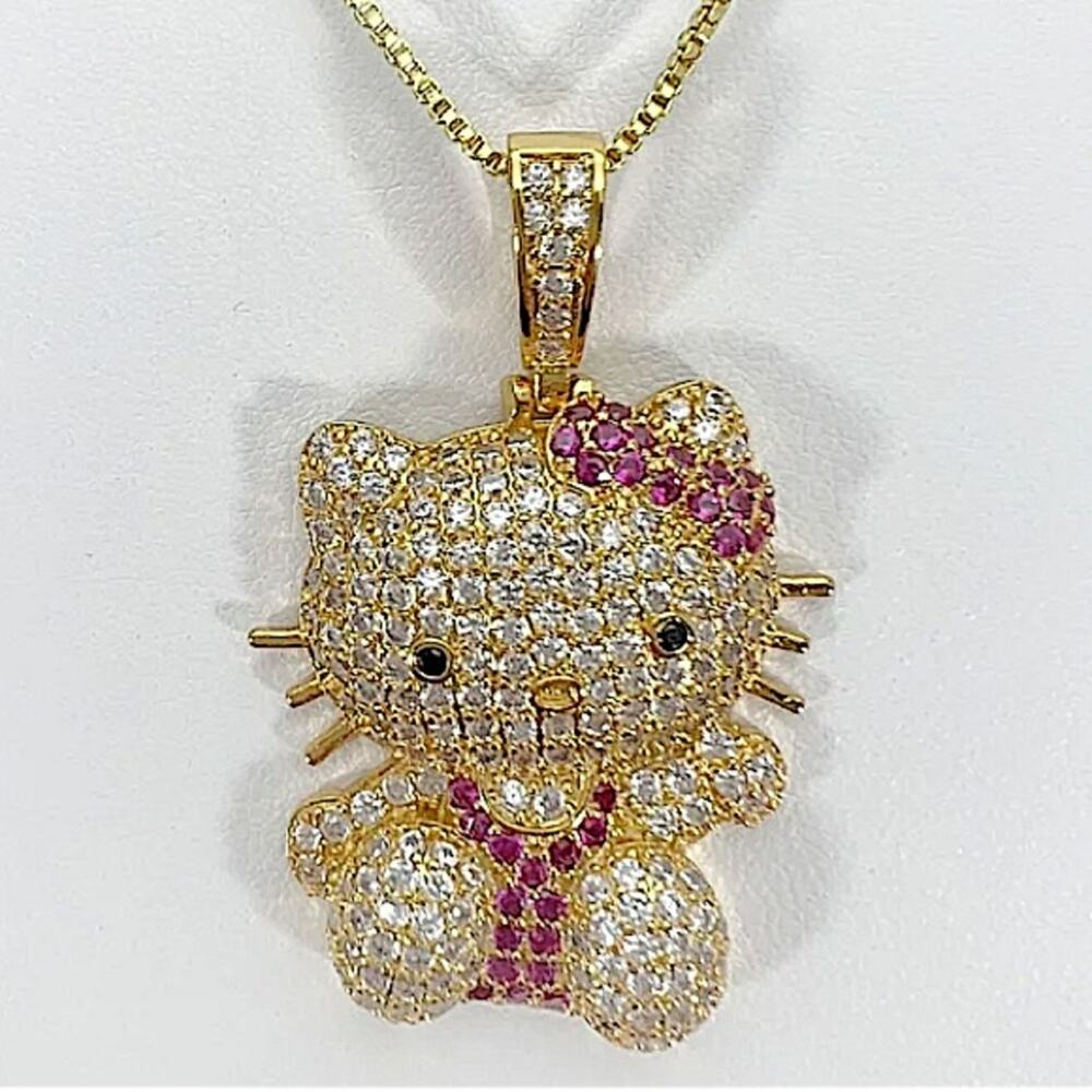 Gold Iced Out Hello Kitty Charm Pendant Necklace 3D Full Body - Picture 4 of 5